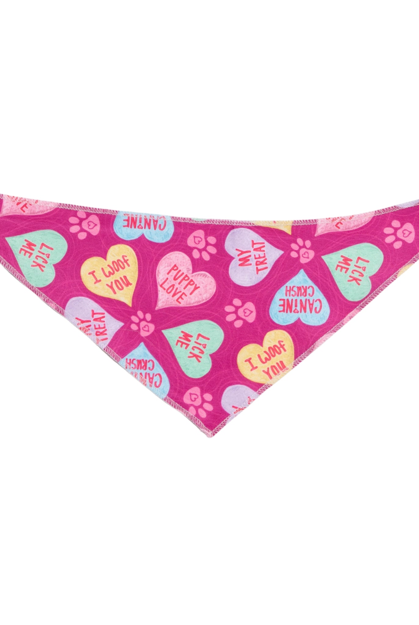 Pink dog bandana with heart patterns and text on a white background