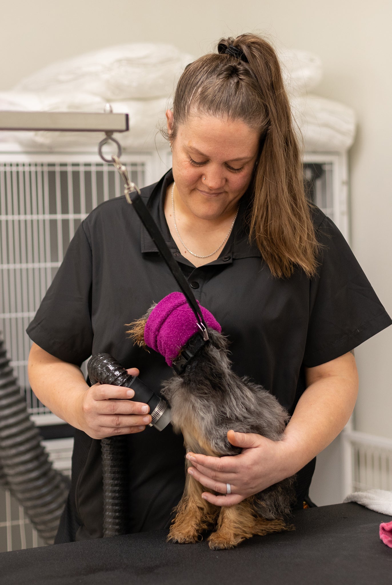 black dog grooming smock