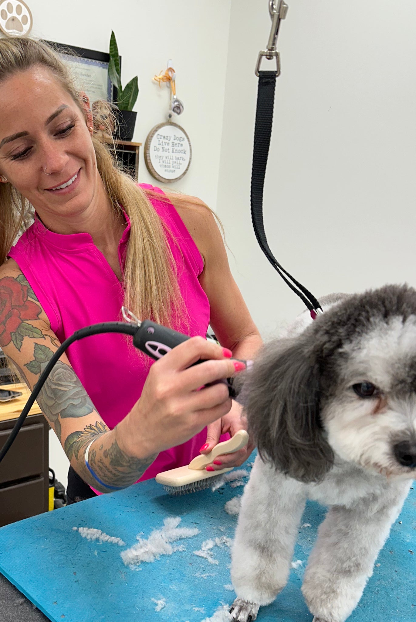 look pretty while dog grooming, clothes for dog groomers