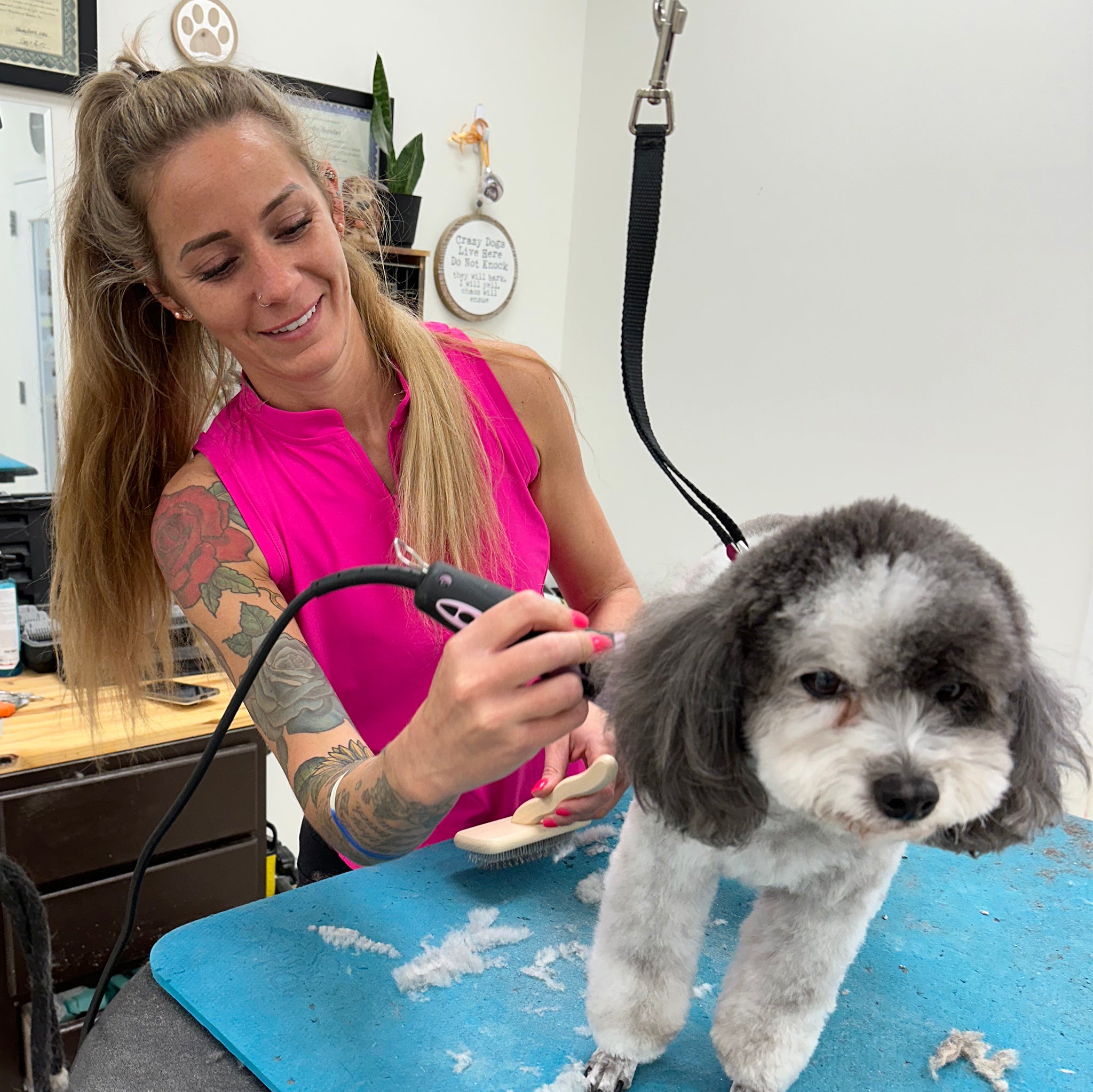 look pretty while dog grooming, clothes for dog groomers