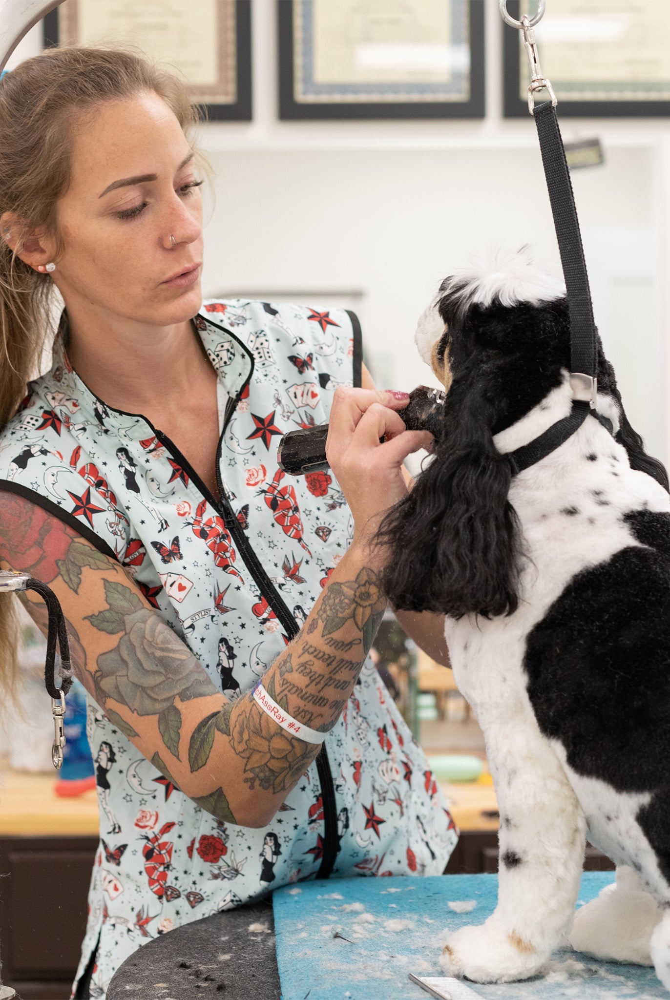 tattoo print on womens dog grooming smock with short sleeves and pockets