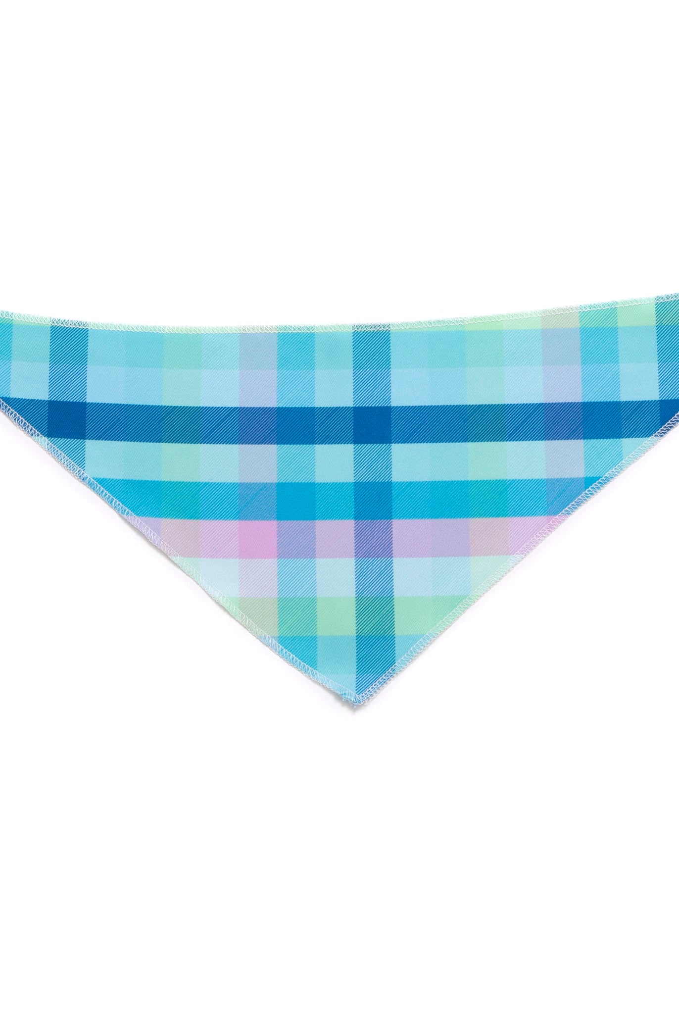Plaid patterned triangle-shaped bandana in blue and green on a white background