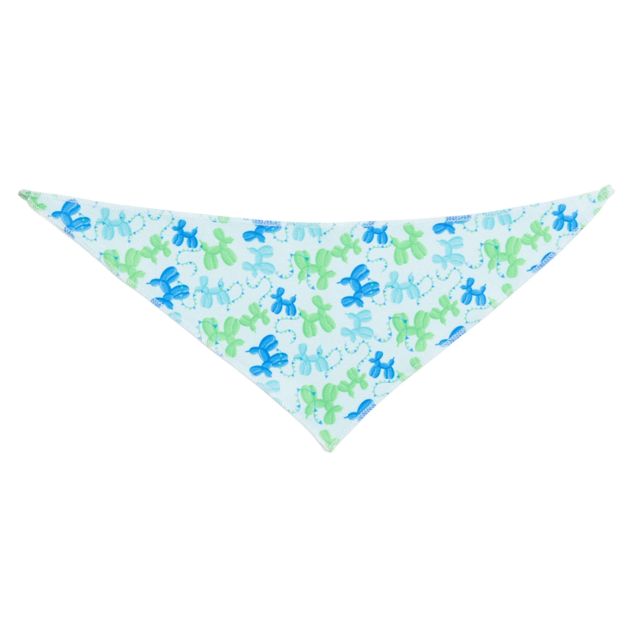 Triangle-shaped bandana with blue and green dog pattern on a light blue background