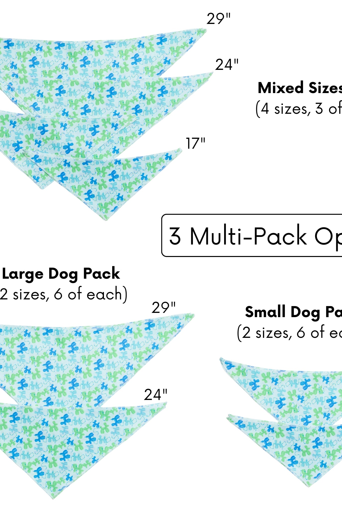 Packaging diagram of dog bandanas with sizes and multi-pack options on a white background.