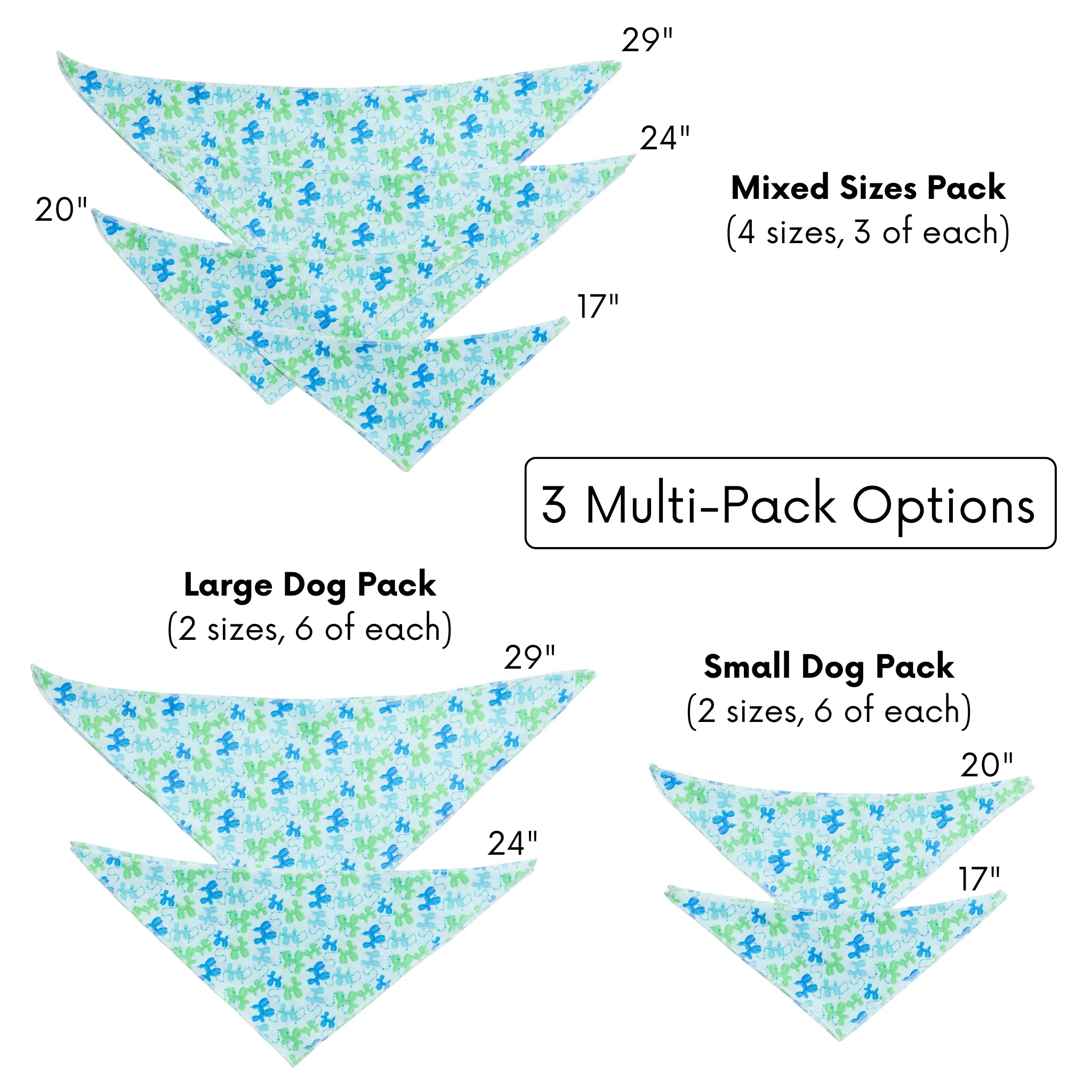 Packaging diagram of dog bandanas with sizes and multi-pack options on a white background.