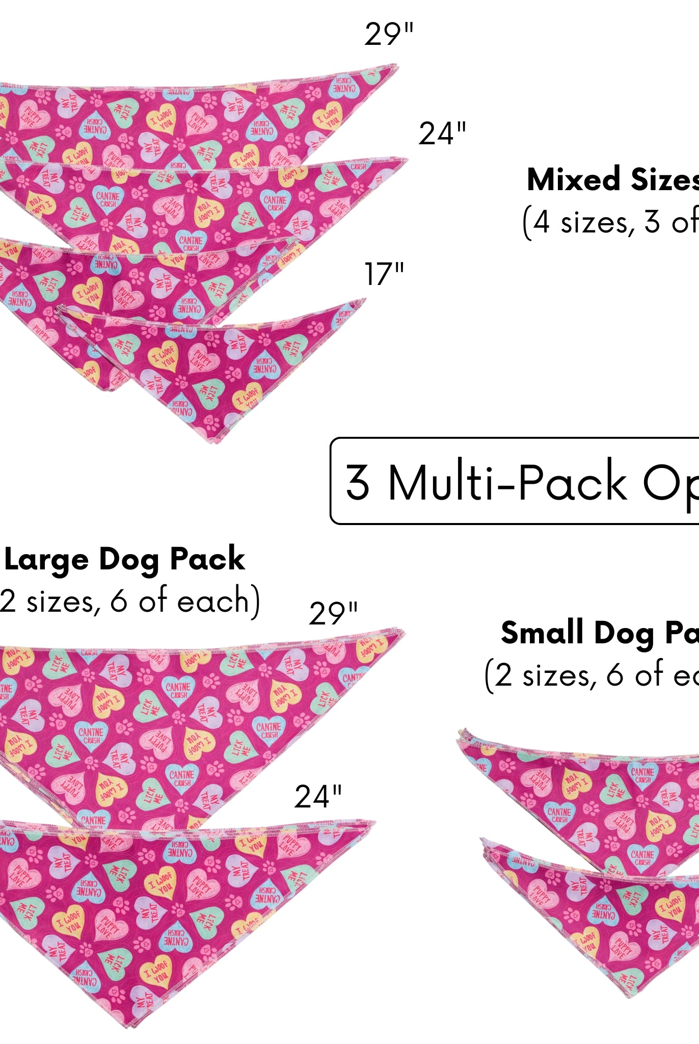 Measurement chart for pink heart-patterned dog bandanas in various sizes.