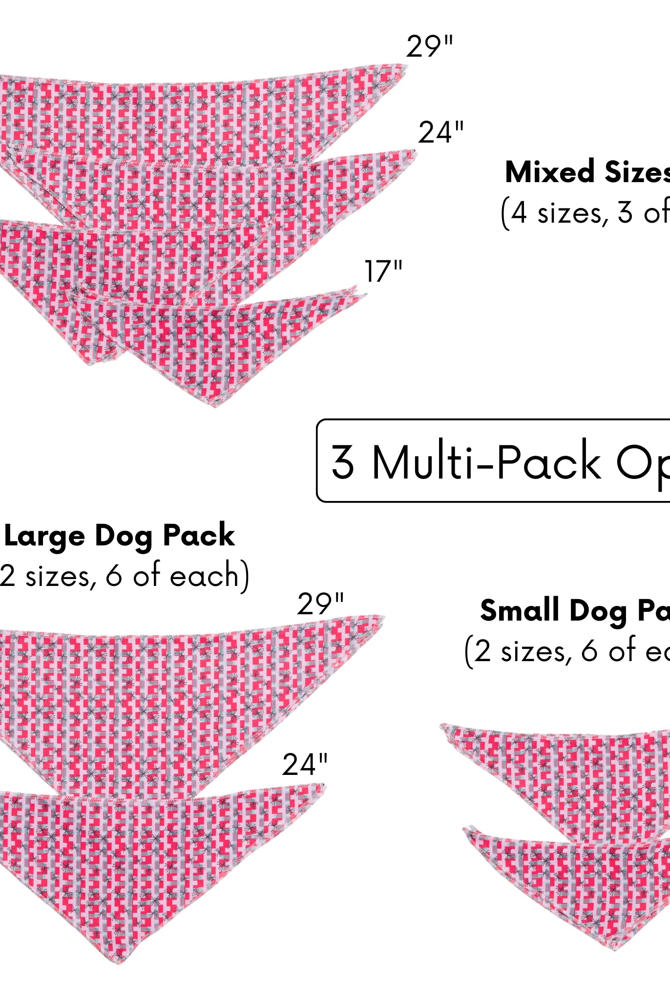 Diagram of dog bandana packs with sizes and quantities on a white background