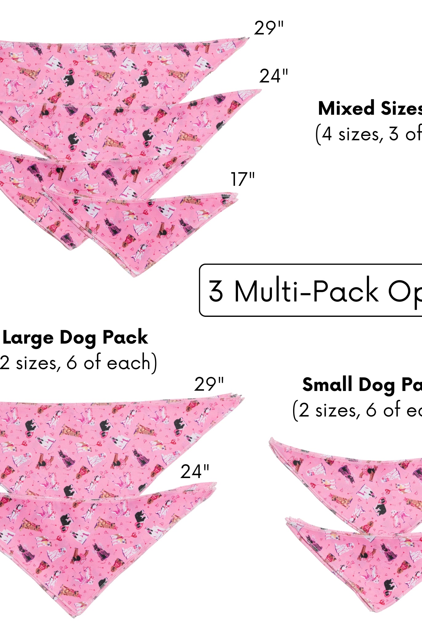 Pink dog bandanas with various patterns on a white background, showing different size options.