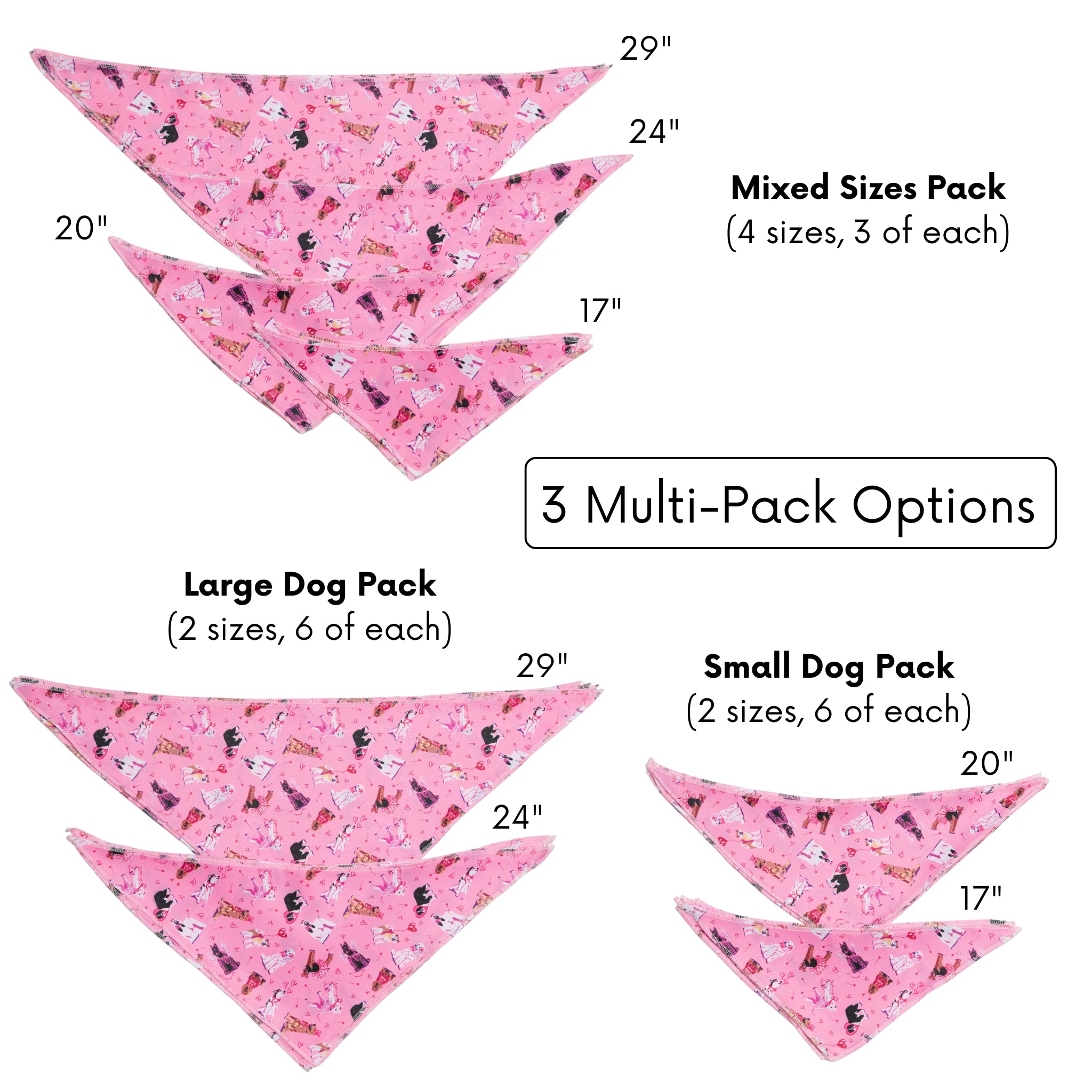 Pink dog bandanas with various patterns on a white background, showing different size options.