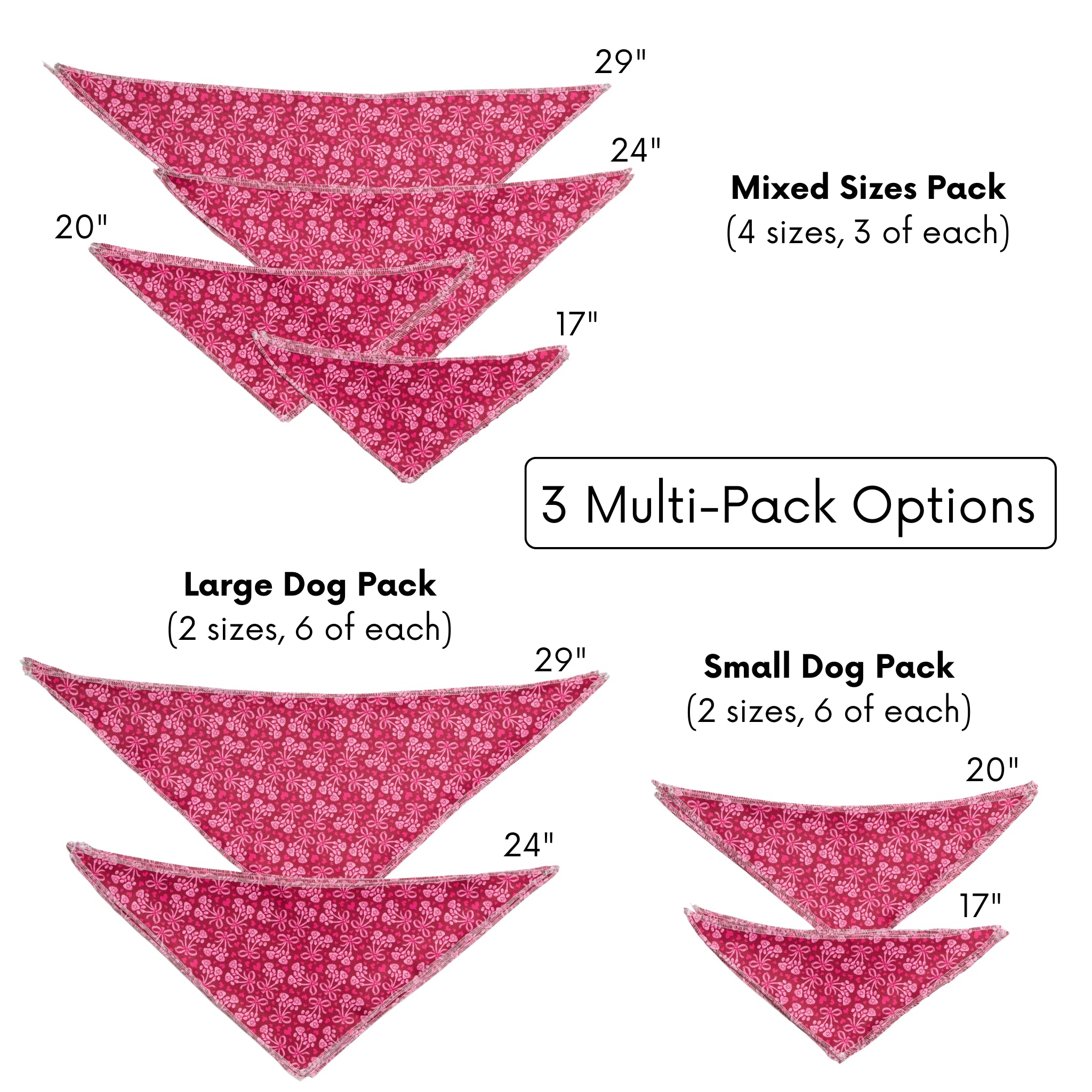 Packaging of pink bandanas with size specifications on a white background