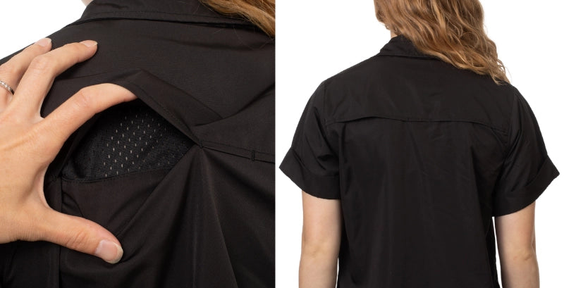 Mesh-lined back vent on the Toni grooming smock