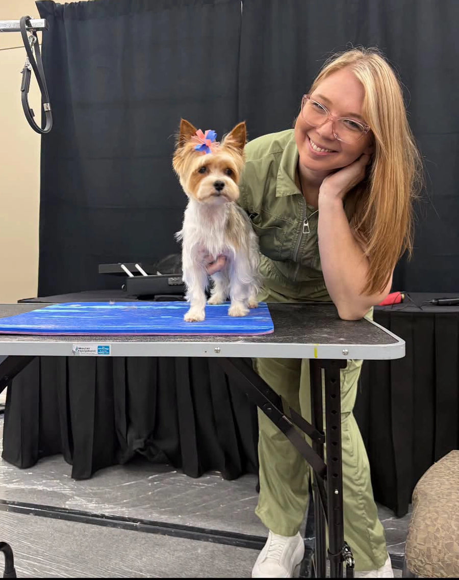 Customer wearing the Lana grooming jumpsuit
